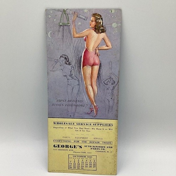 George's Auto Ignition and Parts Co. Other - October 1945 George Automotive Ignition Parts Calendar Pinup Girl Astronomy‎ 9"
